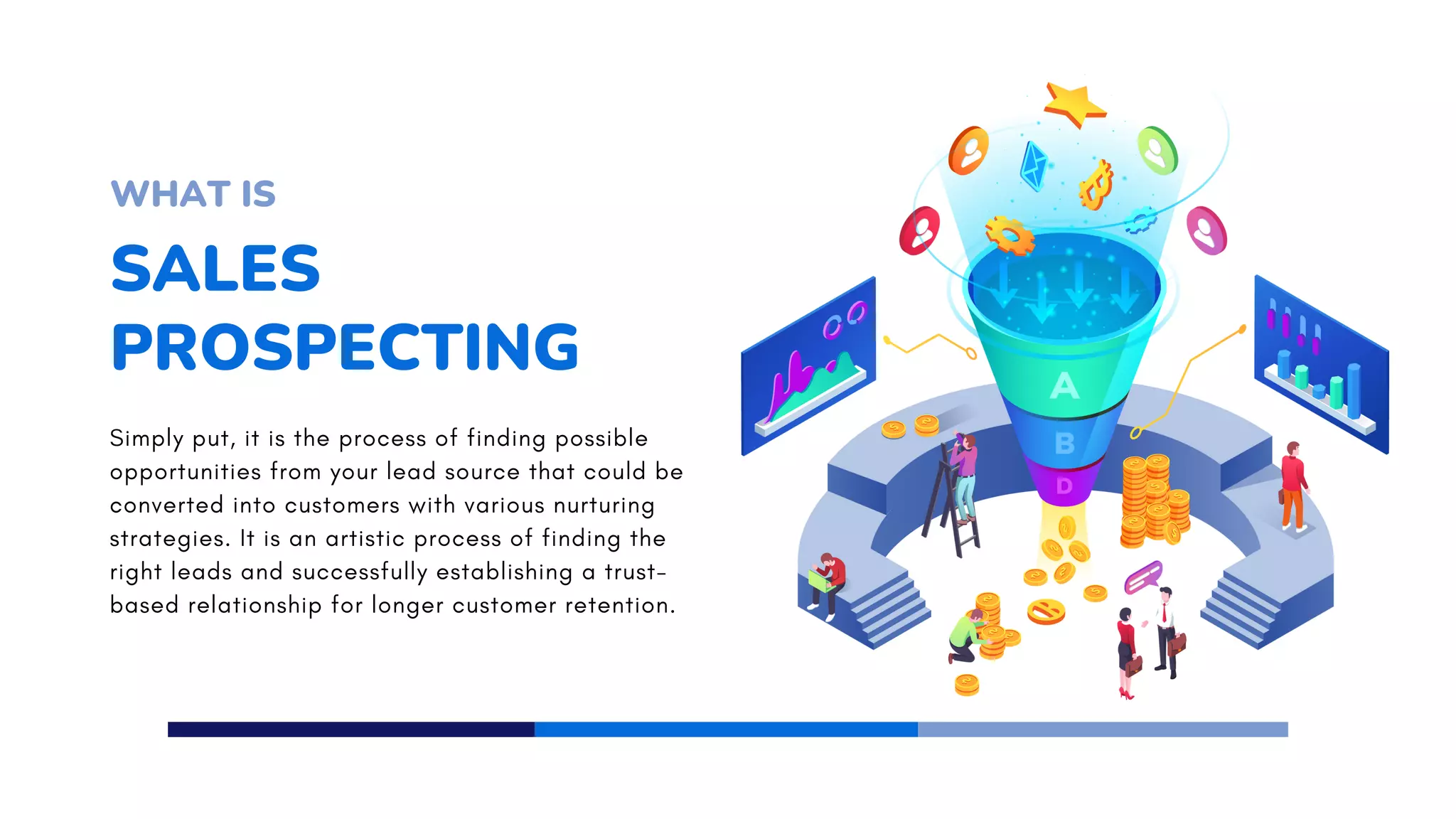 SALES
PROSPECTING
WHAT IS
Simply put, it is the process of finding possible
opportunities from your lead source that could be
converted into customers with various nurturing
strategies. It is an artistic process of finding the
right leads and successfully establishing a trust-
based relationship for longer customer retention.
 