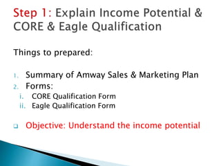 Things to prepared:
1. Summary of Amway Sales & Marketing Plan
2. Forms:
i. CORE Qualification Form
ii. Eagle Qualification Form
 Objective: Understand the income potential
 