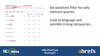 #SEJThinkTank
@samsgoh
Set positions filter for only
relevant queries
Look to language and
sprinkle in long tail queries…
 