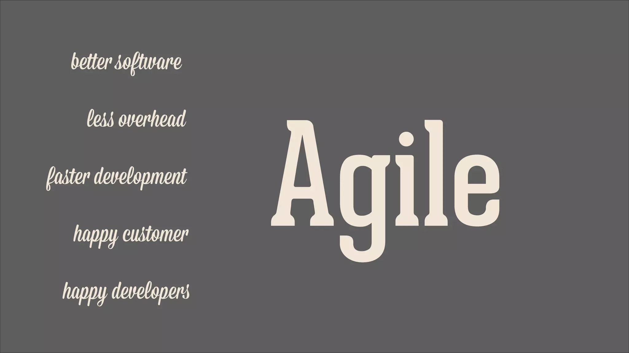 better software
less overhead
faﬆer development
happy cuﬆomer
happy developers

Agile

 