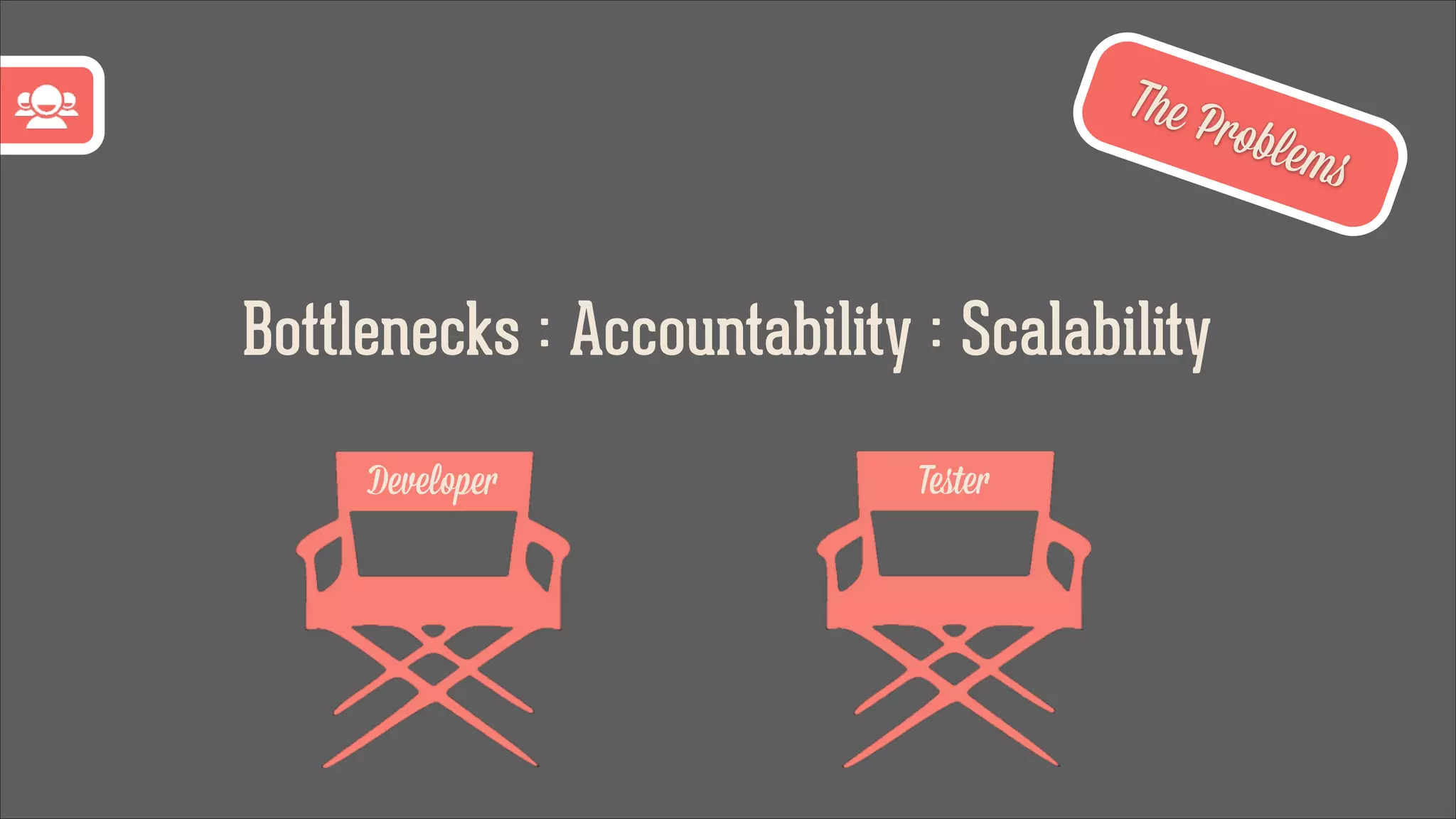 The P

roble

Bottlenecks : Accountability : Scalability
Developer

Teﬆer

ms

 