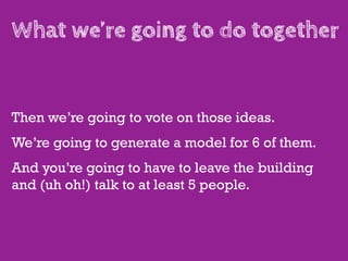 What we’re going to do together


Then we’re going to vote on those ideas.
We’re going to generate a model for 6 of them.
And you’re going to have to leave the building
and (uh oh!) talk to at least 5 people.
 
