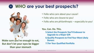 WHO are your best prospects?
• Folks who care about your cause!
• Folks who are closest to you!
• Folks who are philanthro...