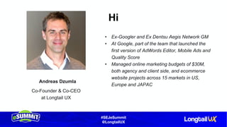#SEJeSummit
@LongtailUX
Hi
Andreas Dzumla
Co-Founder & Co-CEO
at Longtail UX
• Ex-Googler and Ex Dentsu Aegis Network GM
• At Google, part of the team that launched the
first version of AdWords Editor, Mobile Ads and
Quality Score
• Managed online marketing budgets of $30M,
both agency and client side, and ecommerce
website projects across 15 markets in US,
Europe and JAPAC
 