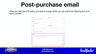 #SEJeSummit
@LongtailUX
#SEJeSummit
@annaleacrowe
Post-purchase email
When you click the CTA button, you land on a page where you can submit the following form and
leave a review.
 