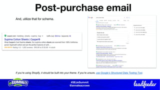 #SEJeSummit
@LongtailUX
#SEJeSummit
@annaleacrowe
Post-purchase email
And, utilize that for schema.
If you’re using Shopify, it should be built into your theme. If you’re unsure, use Google’s Structured Data Testing Tool.
 