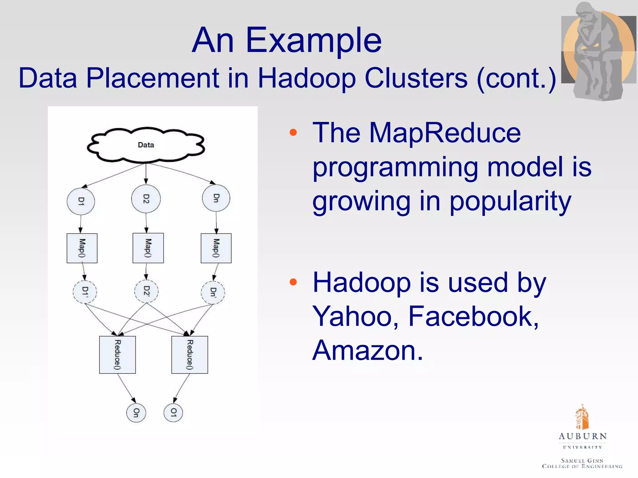 An Example
Data Placement in Hadoop Clusters (cont.)
• The MapReduce
programming model is
growing in popularity
• Hadoop is used by
Yahoo, Facebook,
Amazon.
 