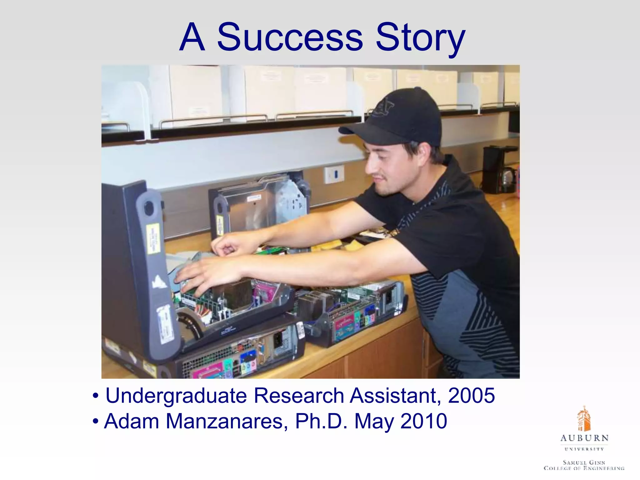 A Success Story
• Undergraduate Research Assistant, 2005
• Adam Manzanares, Ph.D. May 2010
 
