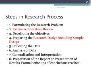 Steps in Research Process
• 1. Formulating the Research Problem
• 2. Extensive Literature Review
• 3. Developing the objectives
• 4. Preparing the Research Design including Sample
Design
• 5. Collecting the Data
• 6. Analysis of Data
• 7. Generalisation and Interpretation
• 8. Preparation of the Report or Presentation of
Results-Formal write ups of conclusions reached.
Anabela Mesquita
35
 