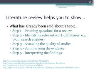 • What has already been said about a topic.
▫ Step 1 – Framing questions for a review
▫ Step 2 - Identifying relevant work (databases, e.g.,
b-on; search engines)
▫ Step 3 - Assessing the quality of studies
▫ Step 4 - Summarizing the evidence
▫ Step 5 - Interpreting the findings
http://www.ncbi.nlm.nih.gov/pmc/articles/PMC539417/
http://www.emeraldinsight.com/authors/guides/write/evidence_based.htm
http://eppi.ioe.ac.uk/cms/Default.aspx?tabid=67
http://eppi.ioe.ac.uk/cms/LinkClick.aspx?fileticket=hQBu8y4uVwI%3d&tabid=88&mid=6162
Literature review helps you to show…
Anabela Mesquita
37
 