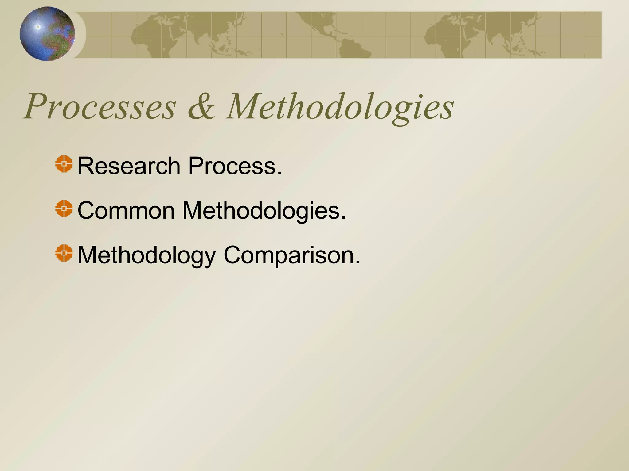 Processes & Methodologies
Research Process.
Common Methodologies.
Methodology Comparison.
 