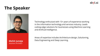 Technology enthusiast with 13+ years of experience working
in the information technology and services industry. Leads
cutting-edge solutions for businesses using Machine Learning
and Artificial Intelligence.
Areas of expertise includes Architecture design, Solutioning,
Data Engineering and Deep Learning.Mohit Juneja
Solutions Architect
The Speaker
 