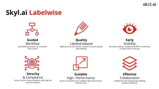 Skyl.ai Labelwise
Guided
Workflow
Data labeling solution for computer
vision & NLP
Quality
Labeled dataset
Right process and metrics in place to ensure quality
data labeling
Effective
Collaboration
Collaborate and manage data labeling
projects efficiently
Early
Visibility
Get early visibility; visualize and affirm correctness
on every step of the way
Scalable
High - Performance
Access on-demand and scalable, high-performance
infrastructure
Security
& Compliance
Access control, data encryption, audit log and
on-prem solution
 