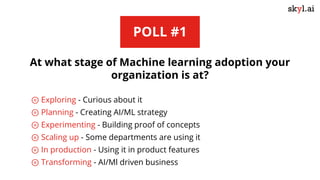 POLL #1
At what stage of Machine learning adoption your
organization is at?
⊚ Exploring - Curious about it
⊚ Planning - Creating AI/ML strategy
⊚ Experimenting - Building proof of concepts
⊚ Scaling up - Some departments are using it
⊚ In production - Using it in product features
⊚ Transforming - AI/Ml driven business
 