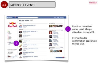 3.1 1 Event section often under used. Mange attendees through FB. Every attendee confirmation appears on friends wall. 1 FACEBOOK EVENTS 