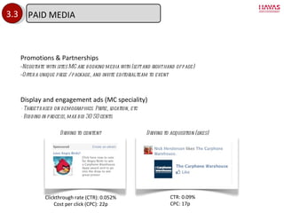 3.3 Promotions & Partnerships Negotiate with sites MC are booking media with (left and right hand of page) Offer a unique prize / package, and invite editorial team to event Display and engagement ads (MC speciality) - Target based on demographics. Prifle, location, etc - Bidding in process, max bid 30-50 cents. Driving to content Driving to acquisition (likes) Clickthrough rate (CTR): 0.052% Cost per click (CPC): 22p CTR: 0.09% CPC: 17p PAID MEDIA 