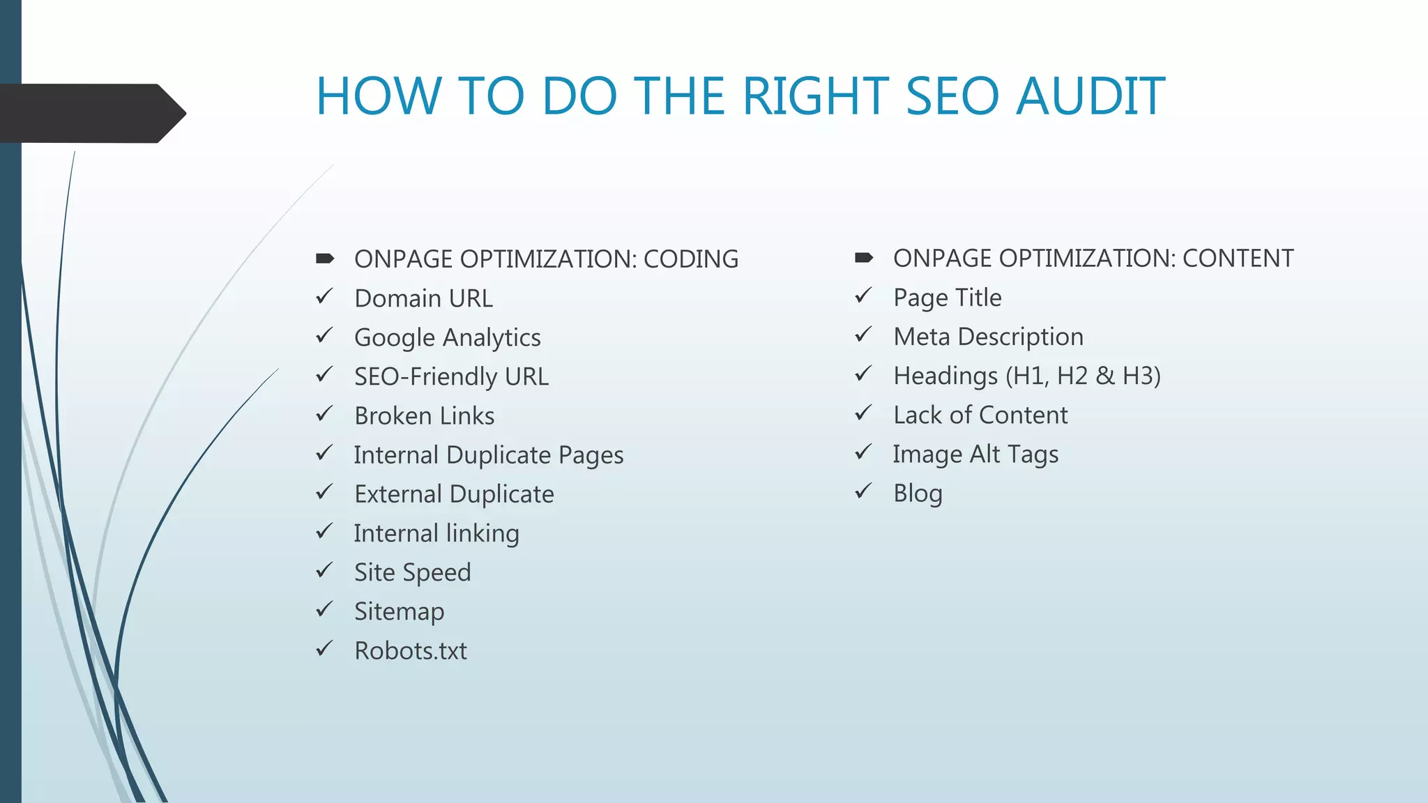 HOW TO DO THE RIGHT SEO AUDIT
 ONPAGE OPTIMIZATION: CODING
 Domain URL
 Google Analytics
 SEO-Friendly URL
 Broken Links
 Internal Duplicate Pages
 External Duplicate
 Internal linking
 Site Speed
 Sitemap
 Robots.txt
 ONPAGE OPTIMIZATION: CONTENT
 Page Title
 Meta Description
 Headings (H1, H2 & H3)
 Lack of Content
 Image Alt Tags
 Blog
 