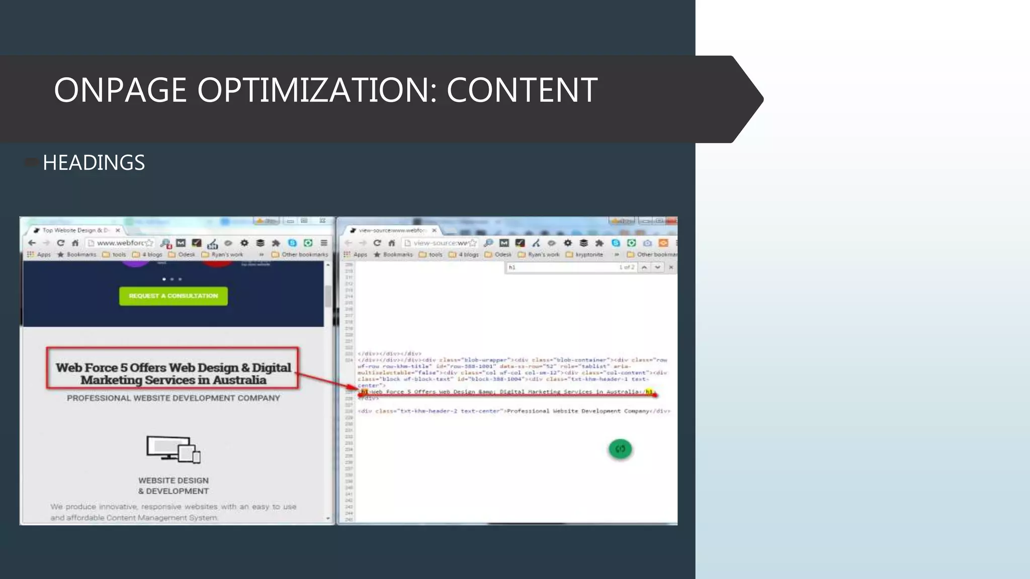 ONPAGE OPTIMIZATION: CONTENT
HEADINGS
 