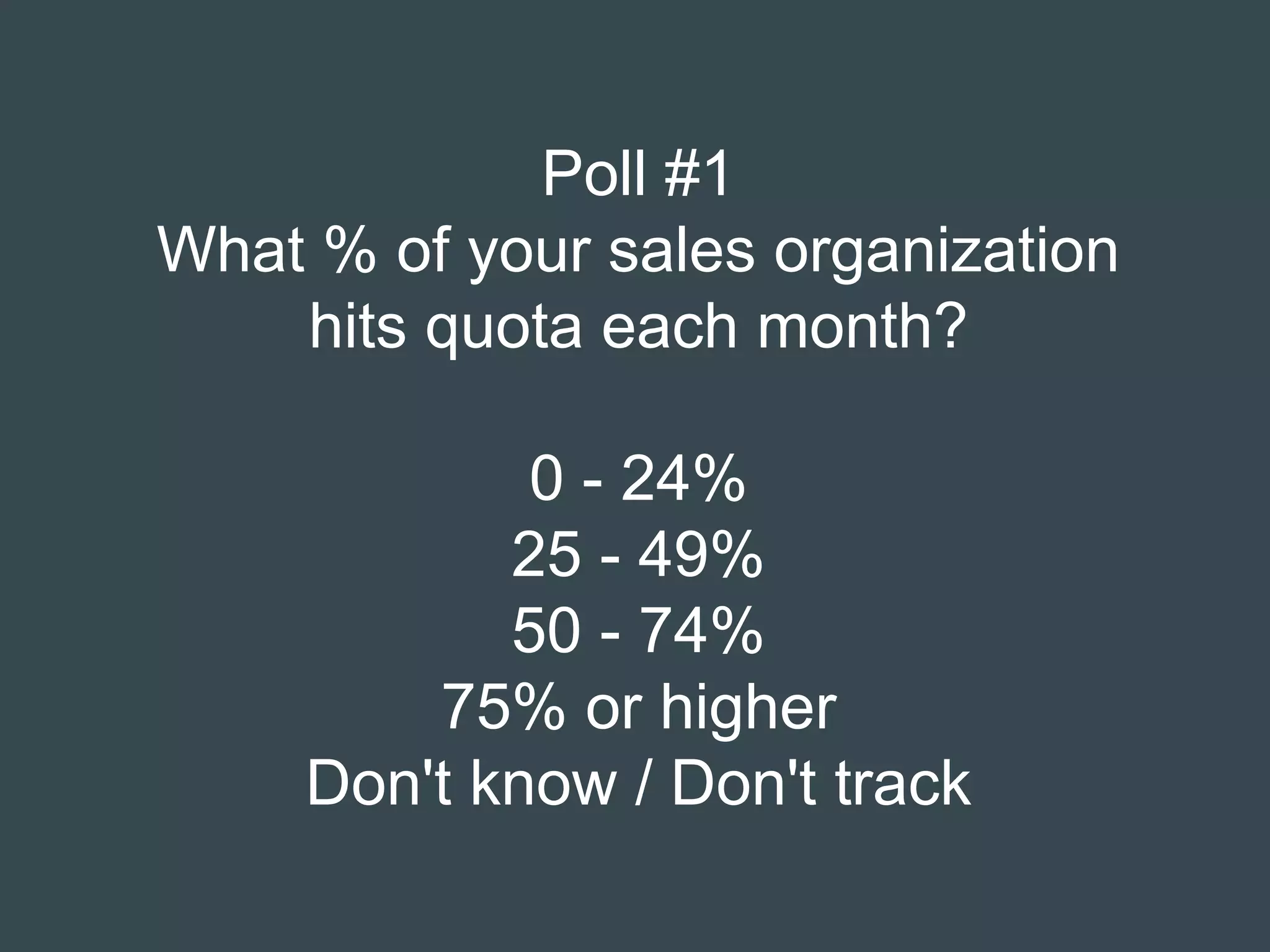 Poll #1
What % of your sales organization
hits quota each month?
0 - 24%
25 - 49%
50 - 74%
75% or higher
Don't know / Don't track
 
