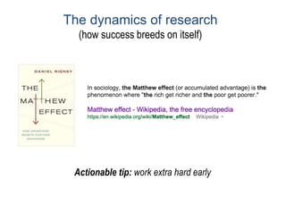 The dynamics of research
(how success breeds on itself)
Actionable tip: work extra hard early
 