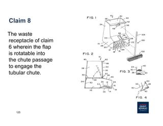 125
Claim 8
The waste
receptacle of claim
6 wherein the flap
is rotatable into
the chute passage
to engage the
tubular chute.
 