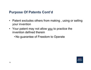 14
• Patent excludes others from making , using or selling
your invention
• Your patent may not allow you to practice the
invention defined therein
• No guarantee of Freedom to Operate
Purpose Of Patents Cont’d
 