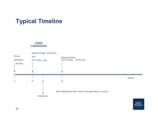 57
Typical Timeline
PARIS
CONVENTION
National Filings
and
PCT Filing
3018
Publication
National Entries
of PCT Filing
Months
(5k-20k)
(10k)
(2k-5k per)
(2k-5k per)
Note: Maintenance fees may be due depending on country
0 12
Priority
Application
 