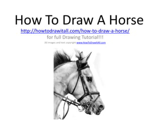 How To Draw A Horse
http://howtodrawitall.com/how-to-draw-a-horse/
           for full Drawing Tutorial!!!
          All images and text copyright www.HowToDrawItAll.com
 