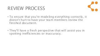 REVIEW PROCESS
• To ensure that you're modeling everything correctly, it
doesn't hurt to have your team members review the
finished document.
• They'll have a fresh perspective that will assist you in
spotting inefficiencies or inaccuracy.
 