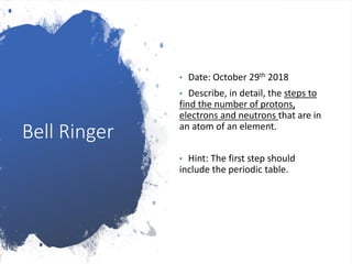 Bell Ringer
• Date: October 29th 2018
• Describe, in detail, the steps to
find the number of protons,
electrons and neutrons that are in
an atom of an element.
• Hint: The first step should
include the periodic table.
 