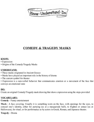 COMEDY & TRAGEDY MASKS
KNOW:
• Expression
• Origins of the Comedy/Tragedy Masks
UNDERSTAND:
• These masks originated in Ancient Greece
• Masks have played an important role in the history of drama
• The current symbol for theater
• Expression is a non-verbal behavior that communicates emotion or a movement of the face that
conveys an emotional state
DO:
Create an original Comedy/Tragedy mask drawing that shows expression using the steps provided
VOCABULARY:
Comedy - Funny entertainment
Mask - A face covering. Usually it is something worn on the face, with openings for the eyes, to
conceal one’s identity, either for partying (as at a masquerade ball), to frighten or amuse (as at
Halloween), for ritual, or for performance as by actors in Greek, Roman, and Japanese theater.
Tragedy - Drama
 
