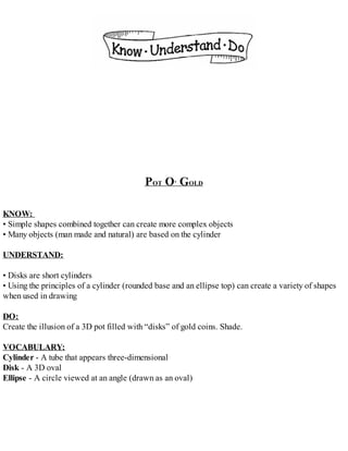 POT O’ GOLD
KNOW:
• Simple shapes combined together can create more complex objects
• Many objects (man made and natural) are based on the cylinder
UNDERSTAND:
• Disks are short cylinders
• Using the principles of a cylinder (rounded base and an ellipse top) can create a variety of shapes
when used in drawing
DO:
Create the illusion of a 3D pot filled with “disks” of gold coins. Shade.
VOCABULARY:
Cylinder - A tube that appears three-dimensional
Disk - A 3D oval
Ellipse - A circle viewed at an angle (drawn as an oval)
 