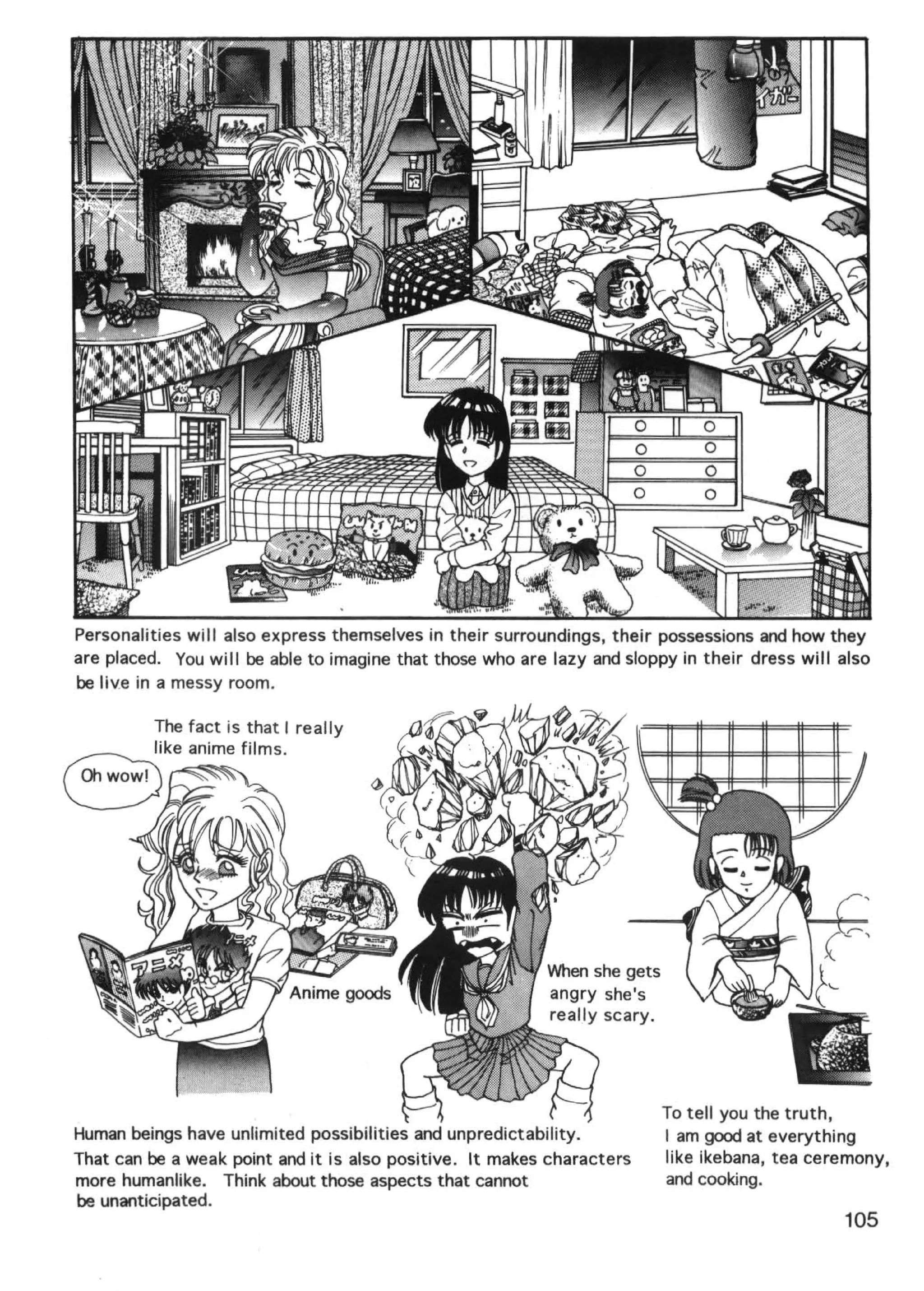 Personalities will also express themselves in their surroundings, their possessions and how they
are placed. You will be able to imagine that those who are lazy and sloppy in their dress will also
be liv.e in a messy room.

         The fact is that I really
~ke anime films.


~




                                                                         To tell you the truth,
Human beings have unlimited possibilities and unpredictability.          I am good at everything
That can be a weak point and it is also positive. It makes characters    like ikebana , tea ceremony,
more humanlike. Think about those aspects that cannot                    and cooking.
be unanticipated.
                                                                                               105
 