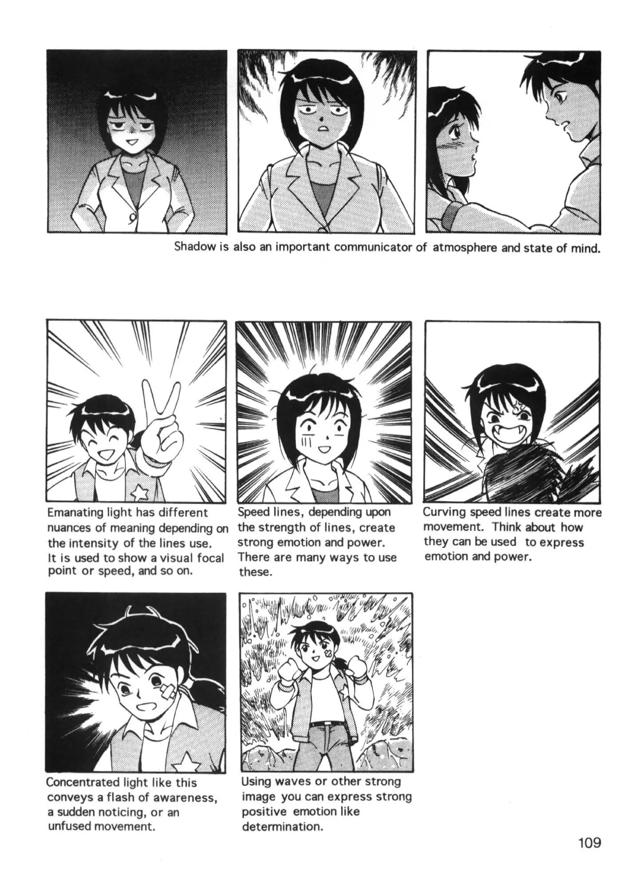 Shadow is also an important communicator of atmosphere and state of mind.




Emanating light has different       Speed lines, depending upon      Curving speed lines create more
nuances of meaning depending on     the strength of lines , create   movement. Think about how
the intensity of the lines use.     strong emotion and power.        they can be used to express
It is used to show a visual focal   There are many ways to use       emotion and power.
point or speed, and so on.          these.




Concentrated light like this        Using waves or other strong
conveys a flash of awareness,       image you can express strong
a sudden noticing, or an            positive emotion like
unfused movement.                   determination.
                                                                                               109
 