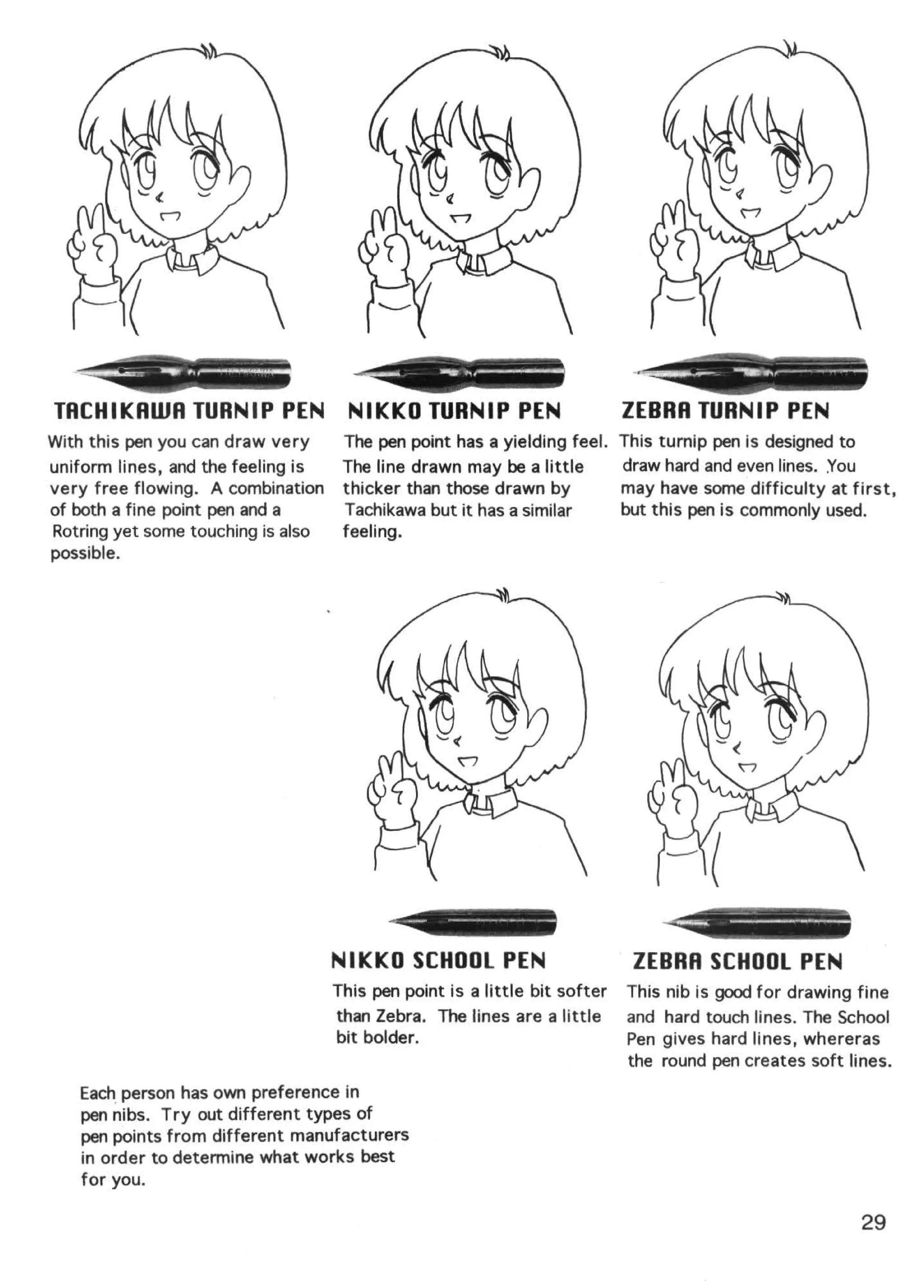 TACHIKAWA TURNIP PEN NIKKO TURNIP PEN                                       ZEBRA TURNIP PEN
With this pen you can draw very      The pen point has a yielding feel.     This turnip pen is designed to
uniform lines, and the feeling is    The line drawn may be a little         draw hard and even lines. You
very free flowing. A combination     thicker than those drawn by            may have some difficulty at first,
of both a fine point pen and a       Tachikawa but it has a similar         but this pen is commonly used.
Rotring yet some touching is also    feeling.
possible.




                                    NIKKO SCHOOL PEN                         ZEBRA SCHOOL PEN
                                    This pen point is a little bit softer   This nib is good for drawing fine
                                    than Zebra. The lines are a little      and hard touch lines. The School
                                    bit bolder.                             Pen gives hard lines, whereras
                                                                            the round pen creates soft lines.
   Each person has own preference in
   pen nibs. Try out different types of
   pen points from different manufacturers
   in order to determine what works best
   for you.

                                                                                                         29
 