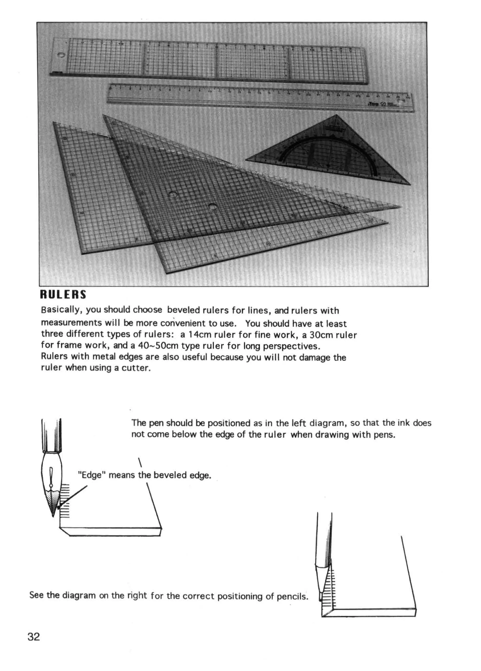 RULERS
     Basically, you should choose beveled rulers for lines, and rulers with
     measurements will be more convenient to use. You should have at least
     three different types of rulers: a 14cm ruler for fine work, a 30cm ruler
     for frame work, and a 40-SOcm type ruler for long perspectives.
     Rulers with metal edges are also useful because you will not damage the
     ruler when using a cutter.




                         The pen should be positioned as in the left diagram, so that the ink does
                         not come below the edge of the ruler when drawing with pens.


                           
             "Edge" means the beveled edge.




See the diagram on the right for the correct positioning of pencils.



32
 