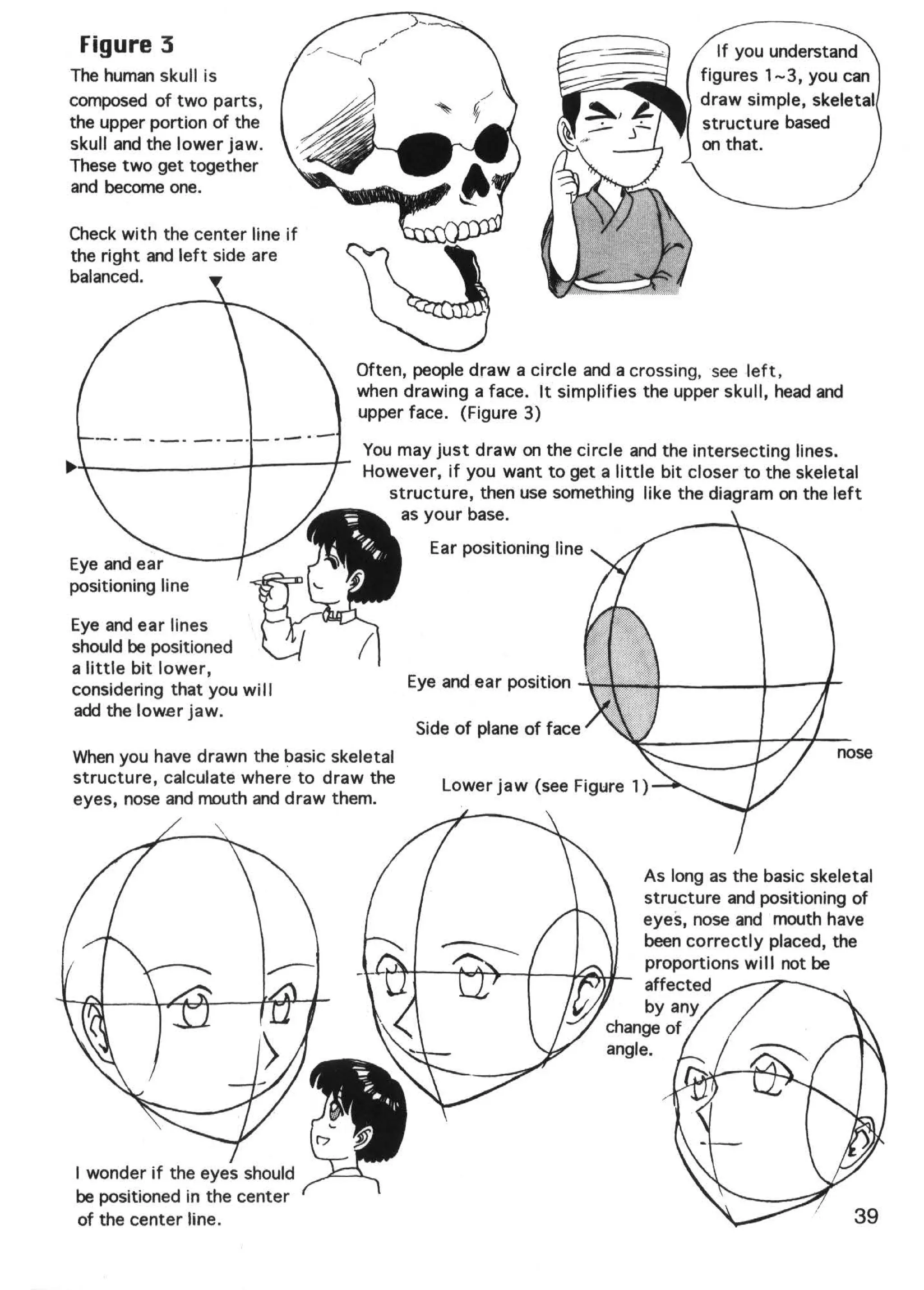 Figure 3                                                                        If you understand
The human skull is                                                            figures 1-3, you can
composed of two parts,                                                        draw simple, skeletal
the upper portion of the                                                      structure based
skull and the lower jaw.                                                      on that.
These two get together
and become one.

Check with the center line if
the right and left side are
balanced.




                                 Often, people draw a circle and a crossing, see left,
                                 when drawing a face. It simplifies the upper skull, head and
                                 upper face. (Figure 3)

                                  You may just draw on the circle and the intersecting lines.
                                  However, if you want to get a little bit closer to the skeletal
                                     structure, then use something like the diagram on the left
                                      as your base.
                                           Ear positioning line



Eye and ear lines
should be positioned
a little bit lower,
considering that you will                Eye and ear position
add the lower jaw.
                                          Side of plane of face
When you have drawn the basic skeletal                                                         nose
structure, calculate where to draw the       Lower jaw (see Figure 1)
eyes, nose and mouth and draw them.



                                                                       As long as the basic skeletal
                                                                       structure and positioning of
                                                                       eyes, nose and mouth have
                                                                       been correctly placed, the
                                                                       proportions will not be
                                                                       affected
                                                                       by any
                                                                  change of
                                                                  angle.




I wonder if the eyes should
be positioned in the center
of the center line.                                                                              39
 