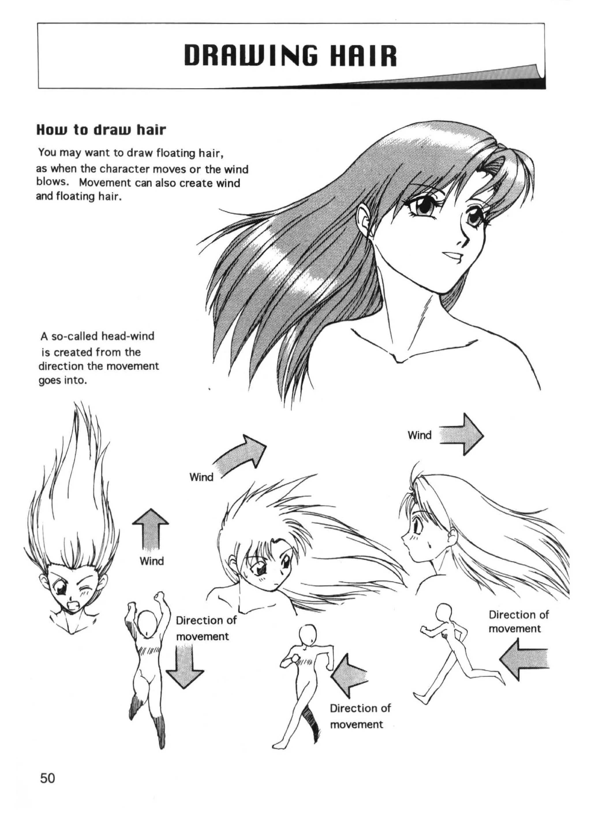 DRRWING HRIR

How to draw hair
You may want to draw floating hair,
as when the character moves or the wind
blows. Movement can also create wind
and floating hair.




A so-called head-wind
 is created from the
direction the movement
goes into.



                                                           -A
                                                         Wind~




                   Wind



                                  "L--~                          Direction of
                          Direction of
                                                                 movement




                                          Direction of
                                          movement



50
 