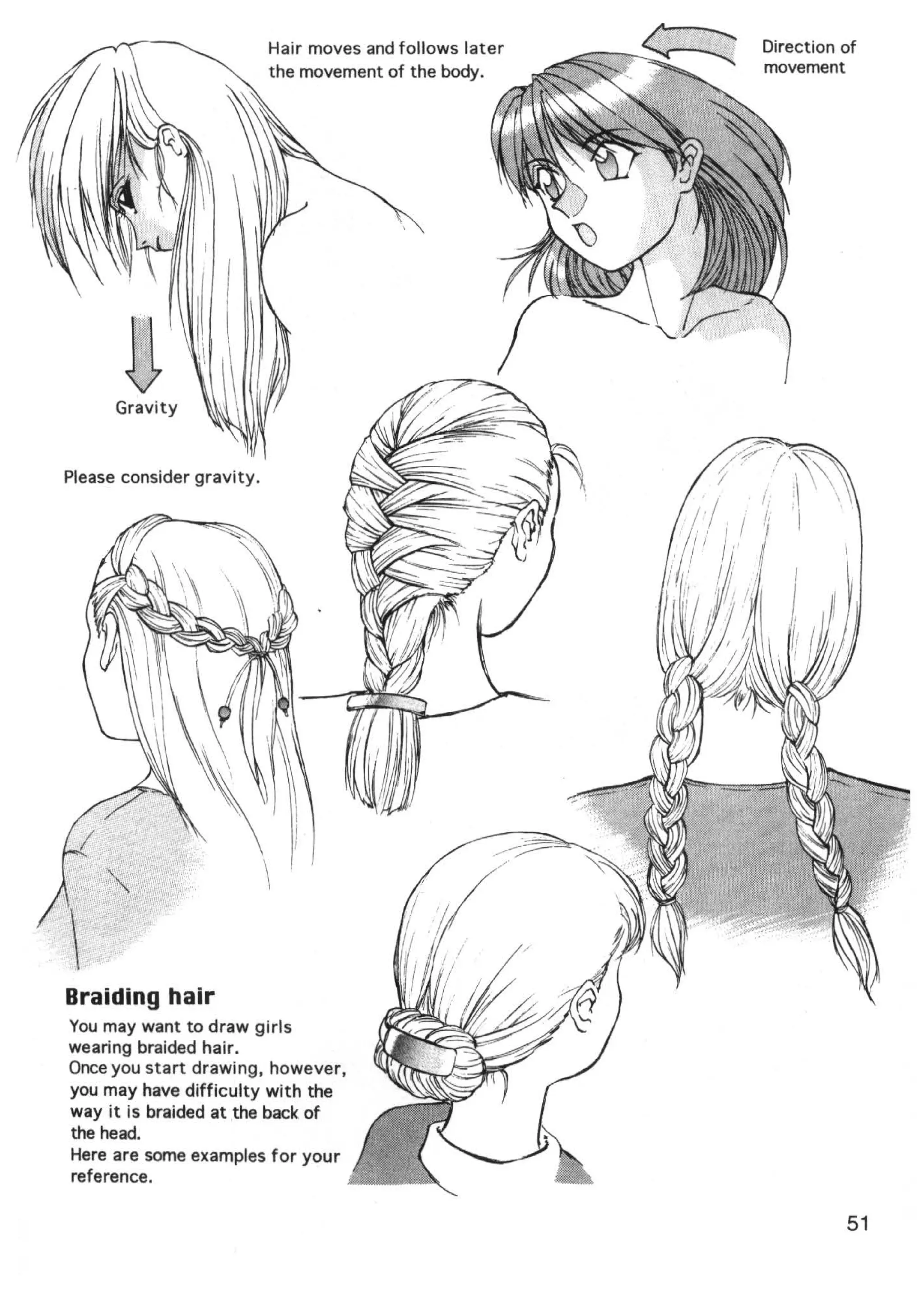 Hair moves and follows later   Direction of
                           the movement of the body.      movement




      Gravity


Please consider gravity.




           r   '••:        

Braiding hair
You may want to draw girls
wearing braided hair.
Once you start drawing, however,
you may have difficulty with the
way it is braided at the back of
the head.
Here are some examples for your
reference.

                                                                    51
 