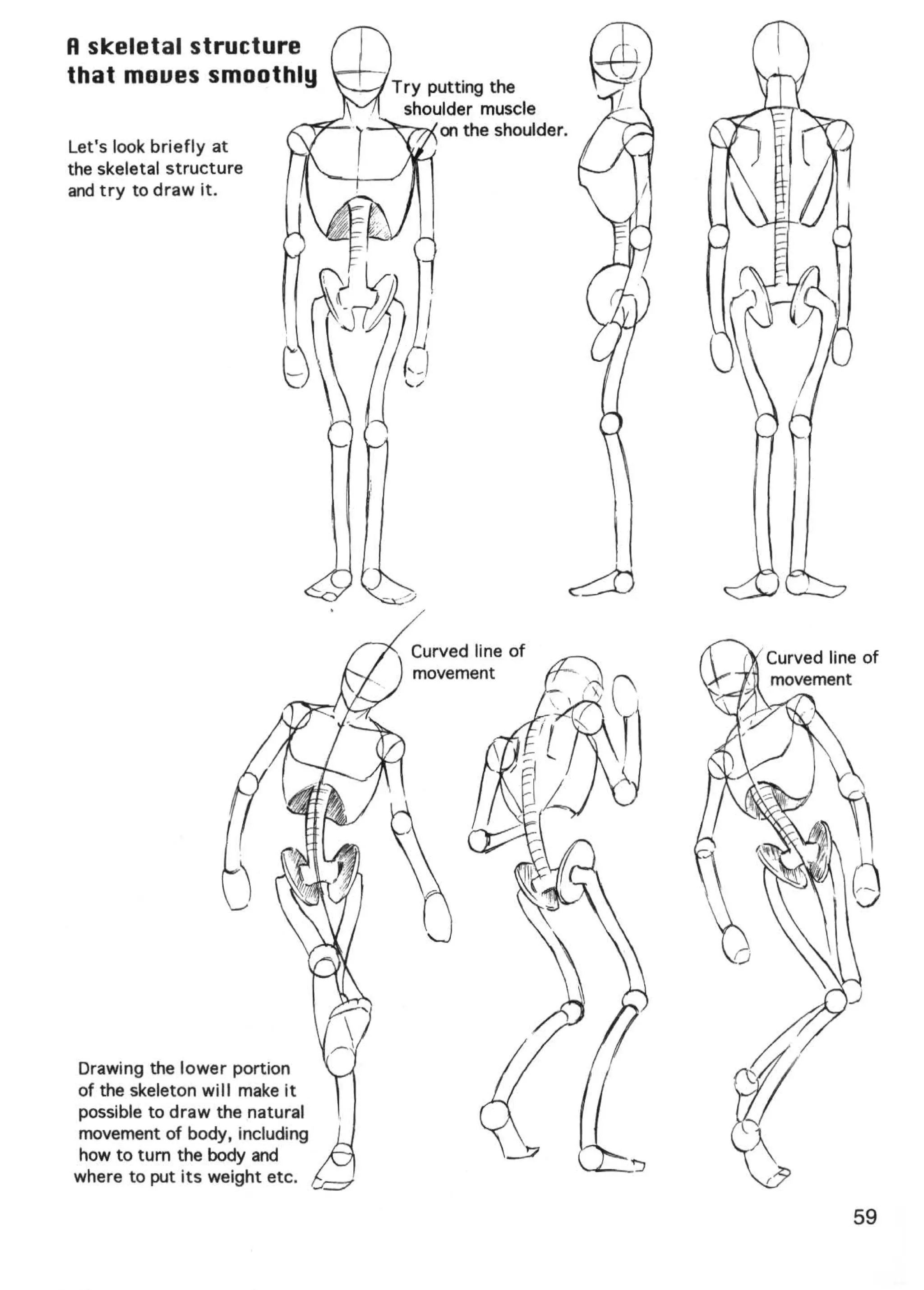 R skeletal structure
that moues smoothly                          Try putting the
                                                shoulder muscle
                                        -....--:.....Jon the shoulder.
Let's look briefly at
the skeletal structure
and try to draw it.




                                              Curved line of             Curved line of




Drawing the lower portion
of the skeleton will make it
possible to draw the natural
movement of body, including
how to tum the body and
where to put its weight etc. '...:c:7

                                                                                   59
 