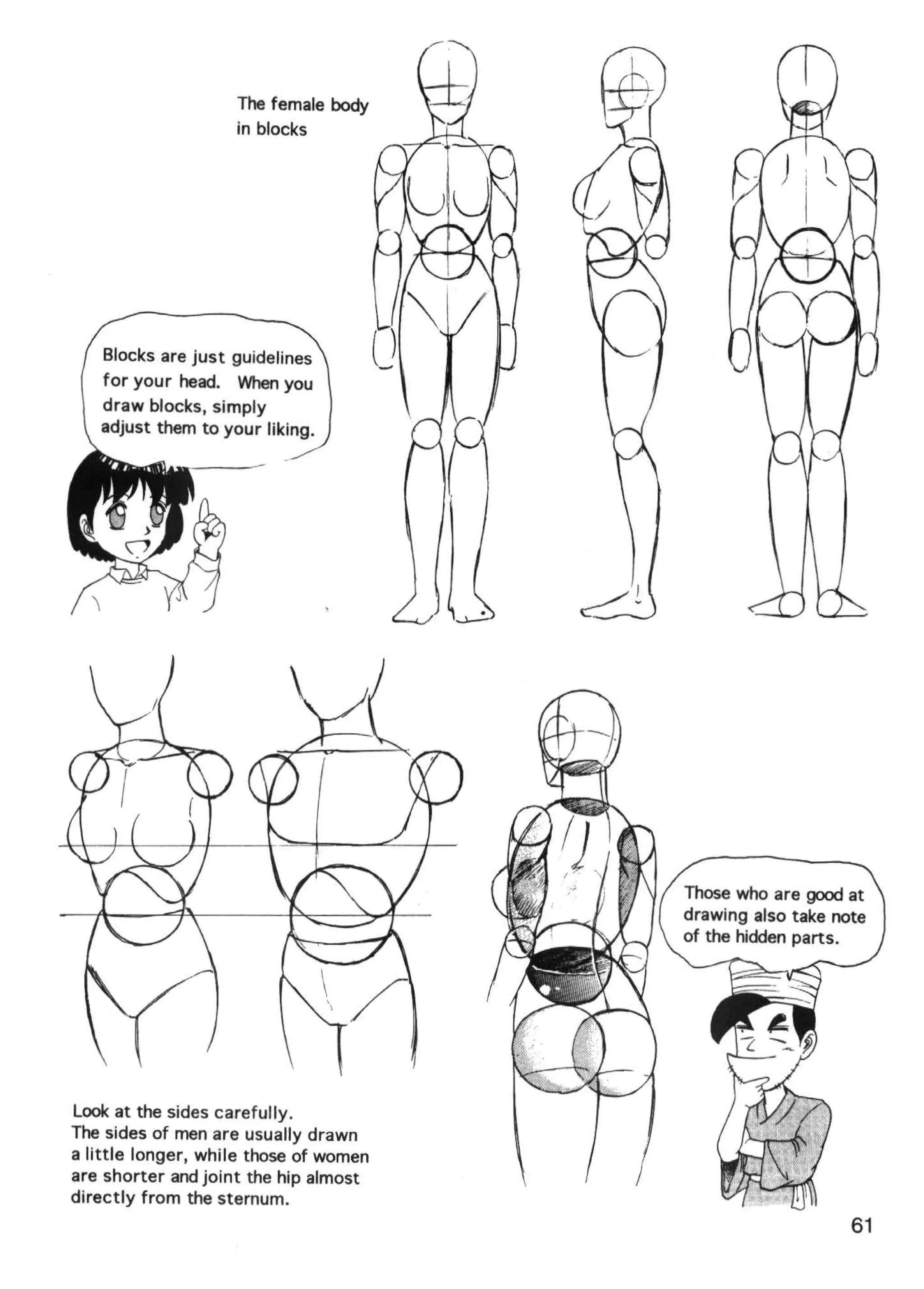 The female body
                    in blocks




   Blocks are just guidelines
   for your head. When you
   draw blocks, simply
   adjust them to your liking.




Look at the sides carefully.
The sides of men are usually drawn
a little longer, while those of women
are shorter and joint the hip almost
directly from the sternum.
                                        61
 