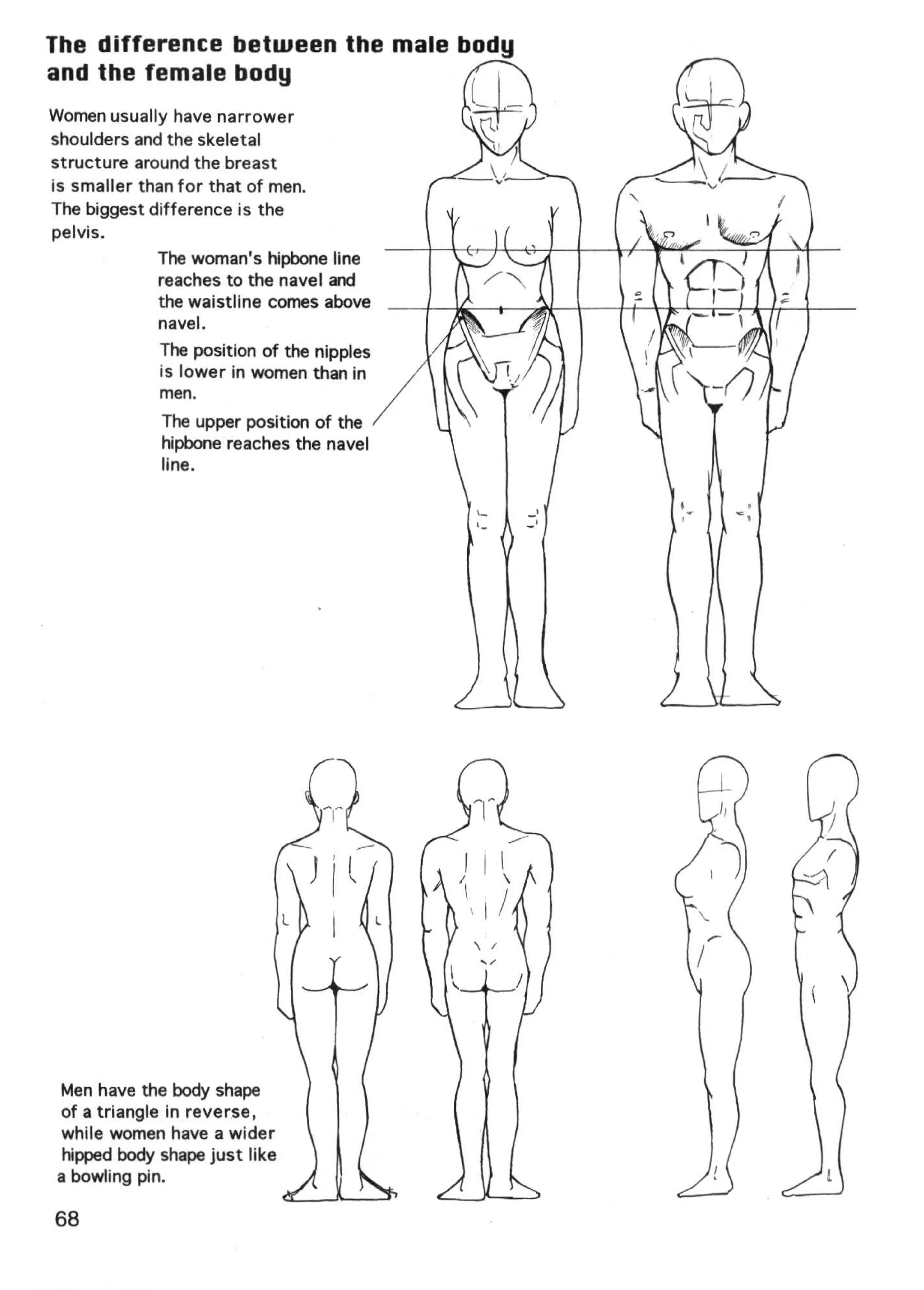 structure around the breast
is smaller than for that of men.
The biggest difference is the
pelvis .
             The woman's hipbone line
             reaches to the navel and
             the waistline comes above
              navel.
            The position of the nipples
            is lower in women than in
            men.
             The upper position of the
             hipbone reaches the navel
             line.

                                          ,_
                                          ,_   -·
                                               _,
                                                    I_
                                                    I




Men have the body shape
of a triangle in reverse,
while women have a wider
 hipped body shape just like
a bowling pin.

68
 