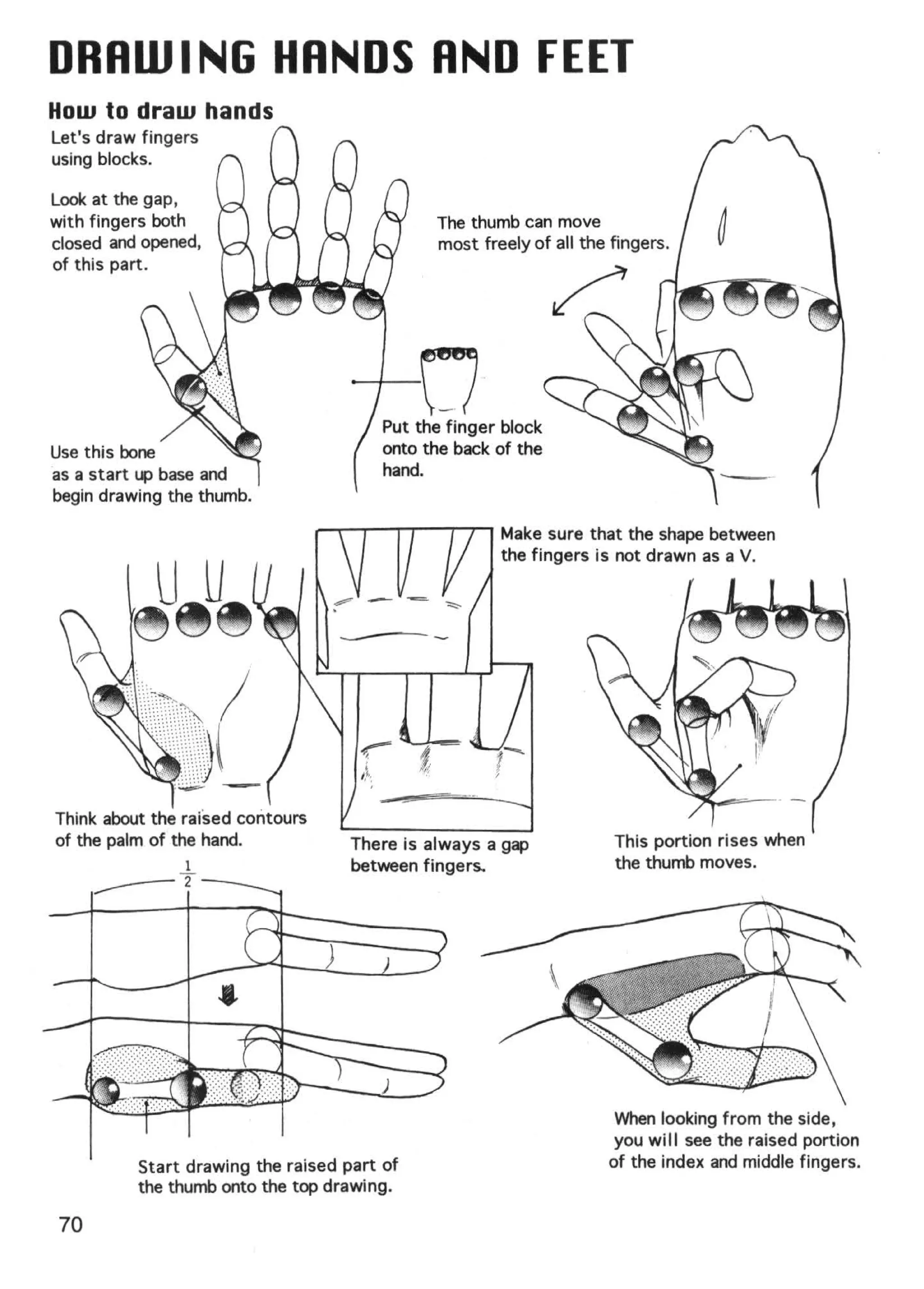DRAWING HANDS AND FEET
How to draw hands
Let's draw fingers
using blocks.

Look at the gap,
with fingers both                             The thumb can move
closed and opened,                            most freely of all the fingers.
of this part.




                                    --+--0
                                       Put the finger block
Use this bone                          onto the back of the
as a start up base and                 hand.
begin drawing the thumb.

                                                      Make sure that the shape between
                                                      the fingers is not drawn as a V.




Think about the raised contours
of the palm of the hand.            There is always a gap            This portion rises when
                                    between fingers.                 the thumb moves.




                                                                     When looking from the side,
                                                                     you wi II see the raised portion
          Start drawing the raised part of                          of the index and middle fingers.
          the thumb onto the top drawing.

 70
 