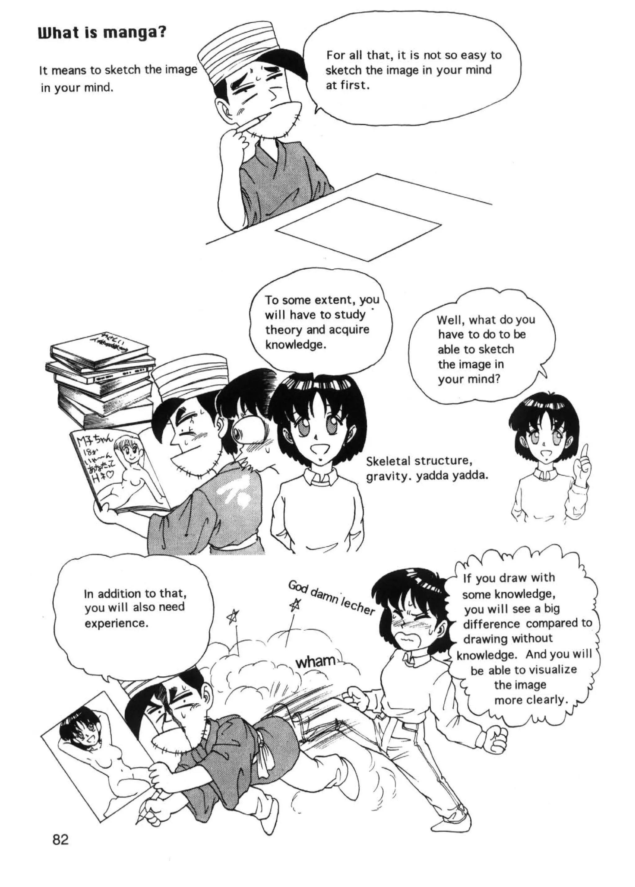 What is manga?
                                         For all that, it is not so easy to
It means to sketch the image             sketch the image in your mind
in your mind .                           at first.




                               To some extent, you
                               will have to study ·           Well, what do you
                               theory and acquire             have to do to be
                               knowledge.                     able to sketch
                                                              the image in
                                                              your mind?




                                                Skeletal structure,
                                                gravity. yadda yadda.




                                                                   If you draw with
        In addition to that,                                       some knowledge,
        you will also need                                         you will see a big
        experience.                                                difference compared to
                                                                   drawing without
                                                                  knowledge. And you will
                                                                     be able to visualize
                                                                         the image
                                                                         more clearly.




  82
 