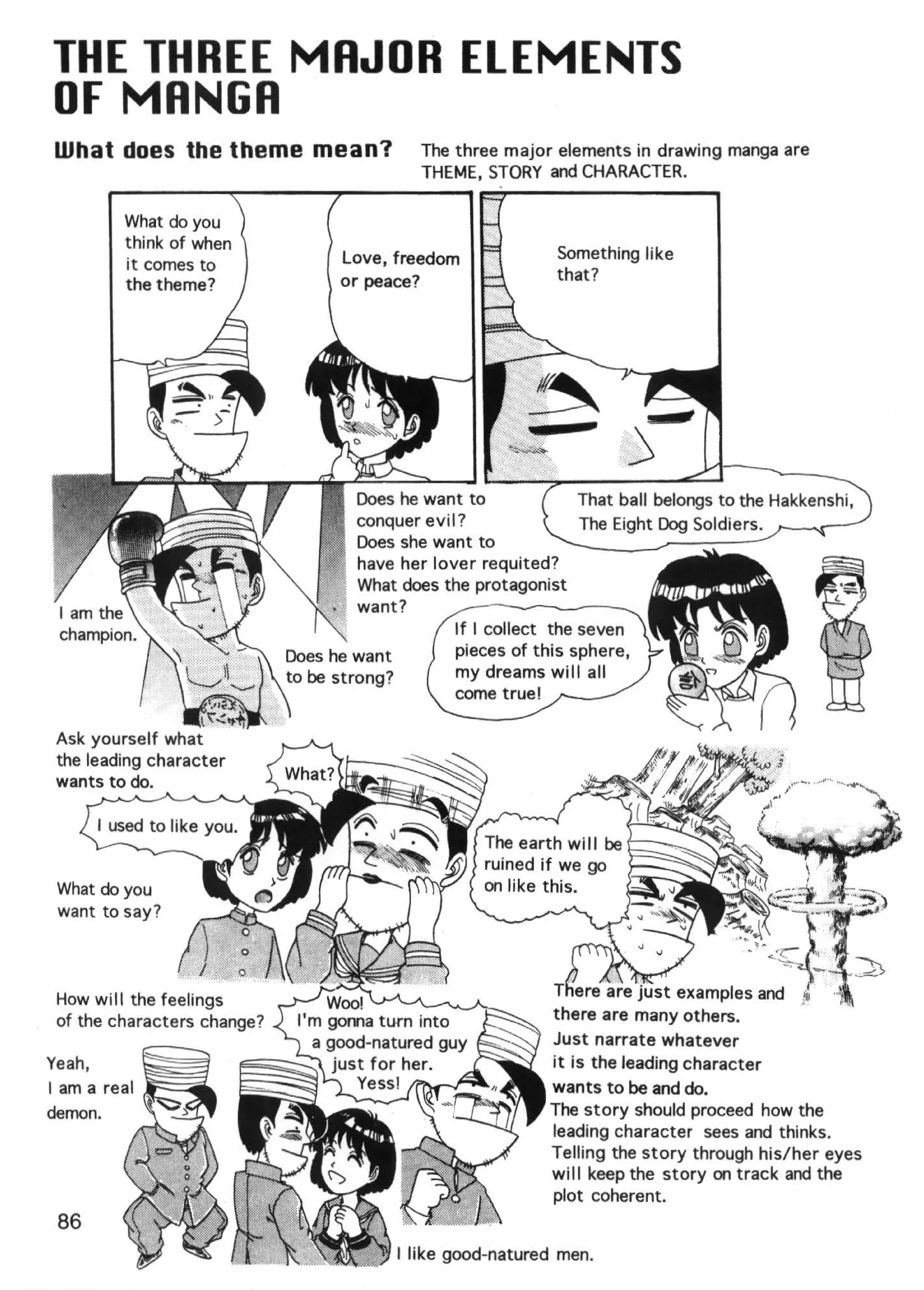 THE THREE MRJOR ELEMENTS
OF MRNGR
 What does the theme mean1        The three major elements in drawing manga are
                                  THEME, STORY and CHARACTER.
       ~--------~------~--------~
        What do you
        think of when
                        Love, freedom             Something like
        it comes to
                        or peace?                 that?
        the theme?




                           Does he want to
                           conquer evil?
                           Does she want to
                           have her lover requited?
                           What does the protagonist
                           want?




 Ask yourself what
 the leading character
 wants to do.




 What do you
 want to say?




                                                 Just narrate whatever
Yeah,         ~~~                                it is the leading character
I am a real   i                                  wants to be and do.
demon.                                           The story should proceed how the
                                                 leading character sees and thinks.
                                                 Telling the story through his/her eyes
                                                 will keep the story on track and the
                                                 plot coherent.
 86
                               I like good-natured men.
 