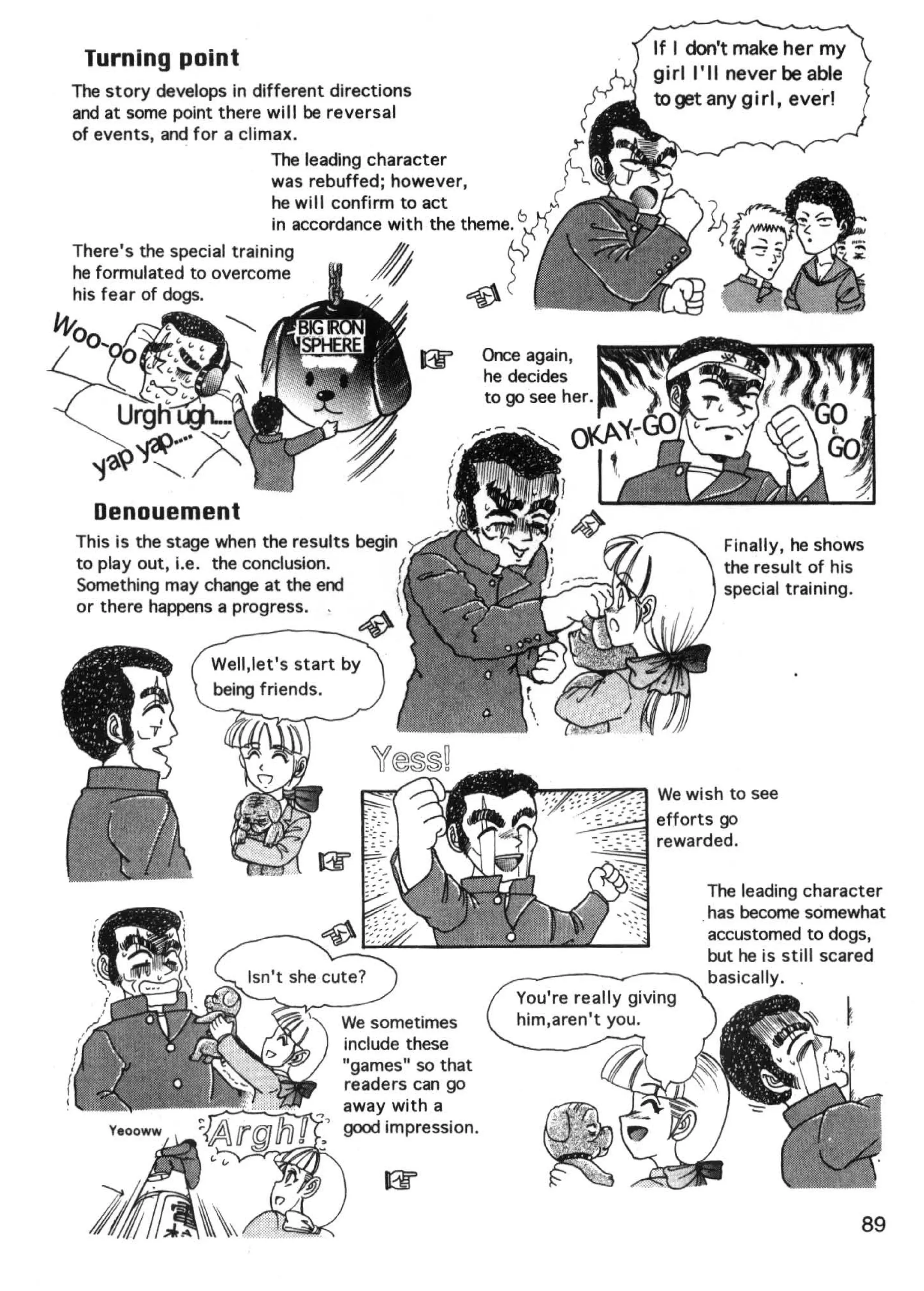 Turning point
The story develops in different directions
and at some point there will be reversal
of events, and for a climax.
                         The leading character
                         was rebuffed; however,
                         he will confirm to act
                         in accordance with the theme. 6
There's the special training
he formulated to overcome
his fear of dogs.


                                                     Once again,
                                                     he decides
                                                     to go see her.




  Denouement
This is the stage when the results begin                                                Finally, he shows
to play out, i.e. the conclusion.                                                       the result of his
Something may change at the end                                                         special training.
or there happens a progress. .


                 Well,let' s start by
                 being friends.




                                                        ,..a,..,~~~~             We wish to see
                                                                ~:;::;:::::~ efforts go
                                                                                 rewarded.
                                                                  --.::::~..:t



                                                                                      The leading character
                                                                                      has become somewhat
                                                                                      accustomed to dogs,
                                                                                      but he is still scared
                                                                                      basically . .



                                  "games" so that
                                  readers can go
                                  away with a
    Yeooww                        good impression.




  J! ~
   A                                                                                                    89
 