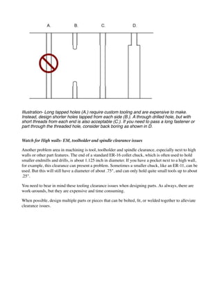 Illustration- Long tapped holes (A.) require custom tooling and are expensive to make.
Instead, design shorter holes tapped from each side (B.). A through drilled hole, but with
short threads from each end is also acceptable (C.). If you need to pass a long fastener or
part through the threaded hole, consider back boring as shown in D.
Watch for High walls- EM, toolholder and spindle clearance issues
Another problem area in machining is tool, toolholder and spindle clearance, especially next to high
walls or other part features. The end of a standard ER-16 collet chuck, which is often used to hold
smaller endmills and drills, is about 1.125 inch in diameter. If you have a pocket next to a high wall,
for example, this clearance can present a problem. Sometimes a smaller chuck, like an ER-11, can be
used. But this will still have a diameter of about .75", and can only hold quite small tools up to about
.25".
You need to bear in mind these tooling clearance issues when designing parts. As always, there are
work-arounds, but they are expensive and time consuming.
When possible, design multiple parts or pieces that can be bolted, fit, or welded together to alleviate
clearance issues.
 