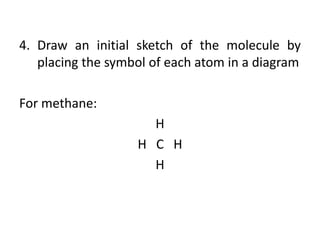 4. Draw an initial sketch of the molecule by
   placing the symbol of each atom in a diagram

For methane:
                     H
                   H C H
                     H
 