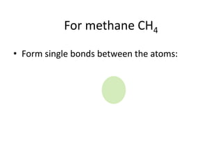 For methane CH4
• Form single bonds between the atoms:
 