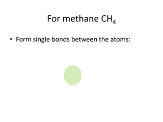 For methane CH4
• Form single bonds between the atoms:
 